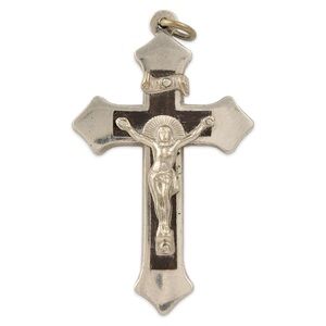 Vintage Wood Inlay Crucifix Cross Necklace Pendant Silver Tone Catholic